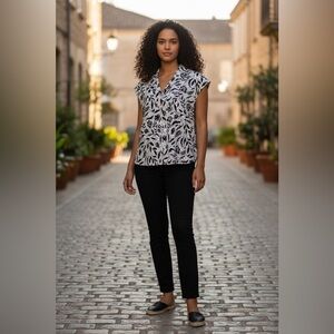 NEW, Véro by Véronique Cloutier, Sleeveless Floral Blouse, XL, Black & White